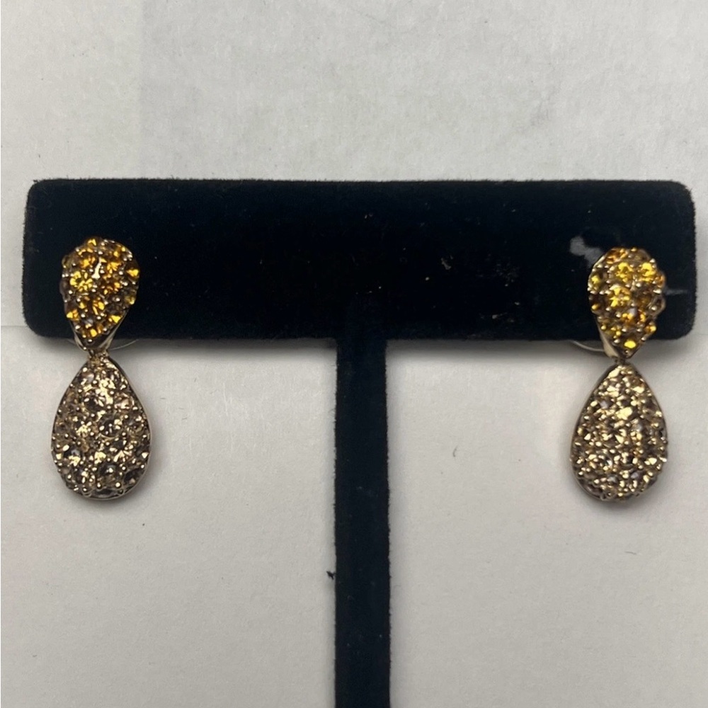 Vintage Christian Dior Orange Rhinestone Teardrop Dangle 14k Gold Post Earrings - Picture 2 of 7